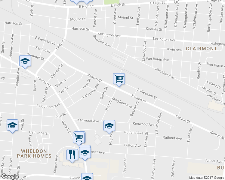 map of restaurants, bars, coffee shops, grocery stores, and more near 1523 Kenton Street in Springfield