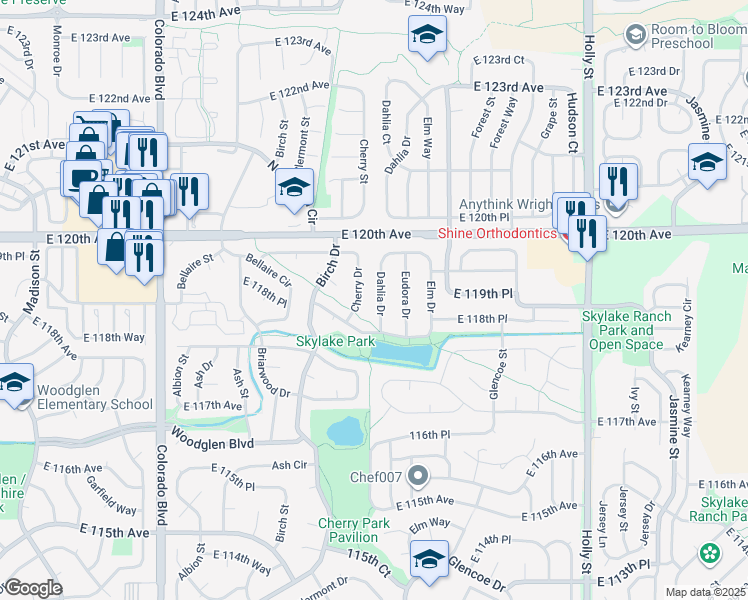 map of restaurants, bars, coffee shops, grocery stores, and more near 11913 Dahlia Drive in Thornton