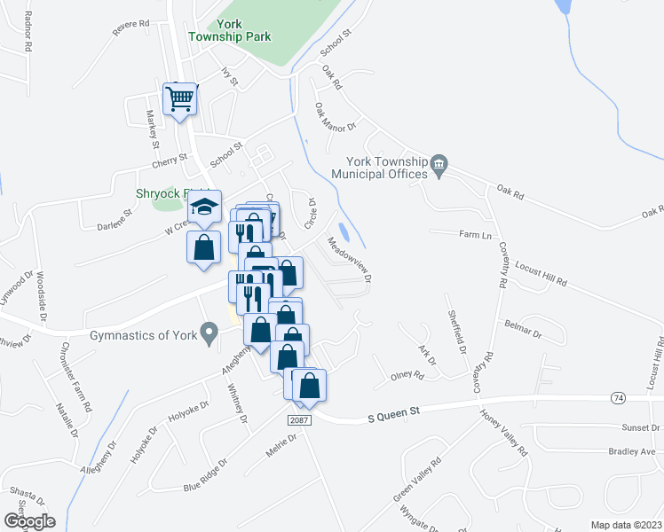 map of restaurants, bars, coffee shops, grocery stores, and more near 2715 Crestview Drive in York