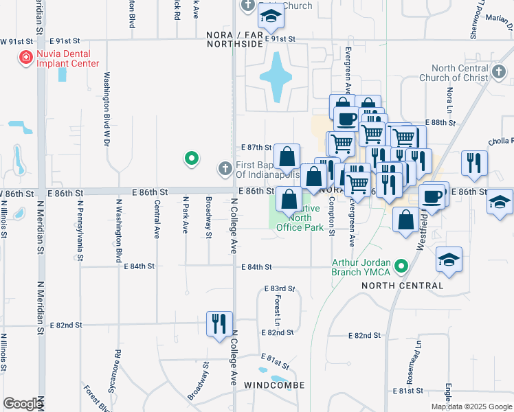map of restaurants, bars, coffee shops, grocery stores, and more near 727 East 86th Street in Indianapolis
