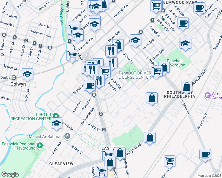 map of restaurants, bars, coffee shops, grocery stores, and more near 7327 Chelwynde Avenue in Philadelphia