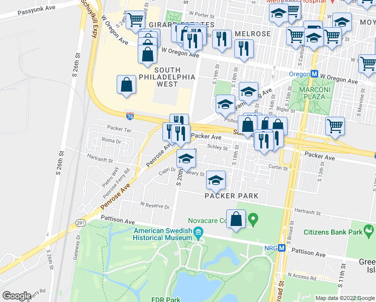map of restaurants, bars, coffee shops, grocery stores, and more near 3141 South 20th Street in Philadelphia