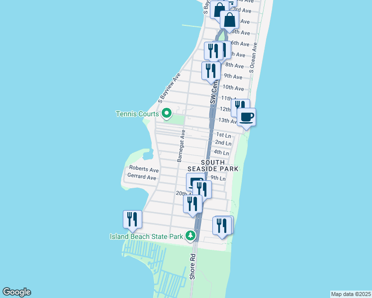map of restaurants, bars, coffee shops, grocery stores, and more near 119 Beach Drive in Seaside Park