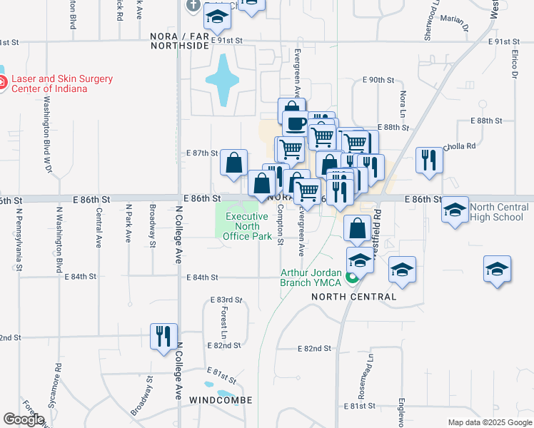 map of restaurants, bars, coffee shops, grocery stores, and more near 1005 E 86th St in Indianapolis