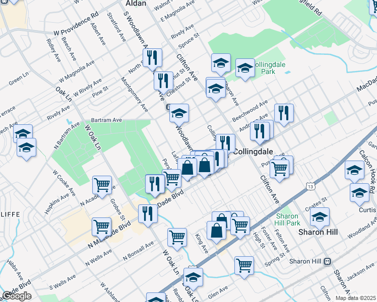 map of restaurants, bars, coffee shops, grocery stores, and more near 318 Woodlawn Avenue in Collingdale