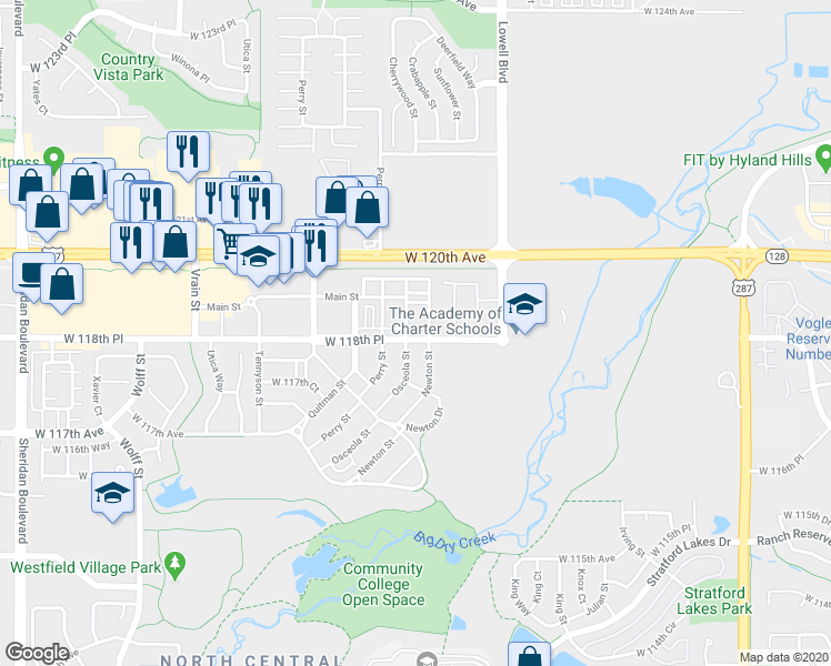 map of restaurants, bars, coffee shops, grocery stores, and more near 3855 West 118th Mews in Westminster