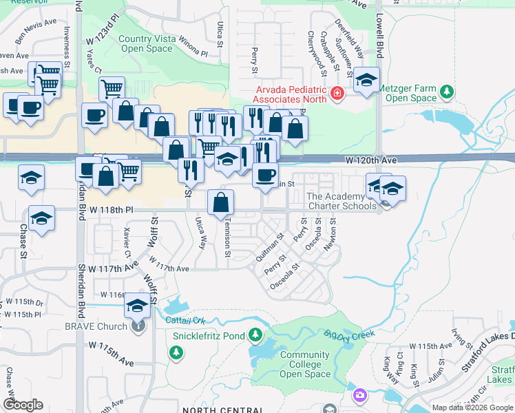 map of restaurants, bars, coffee shops, grocery stores, and more near 11865 Bradburn Boulevard in Westminster