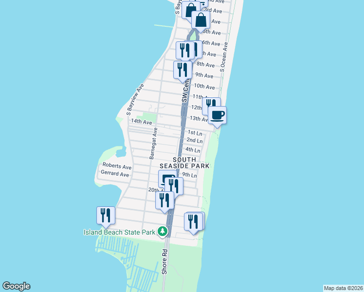 map of restaurants, bars, coffee shops, grocery stores, and more near 98 Beach Drive in Seaside Park