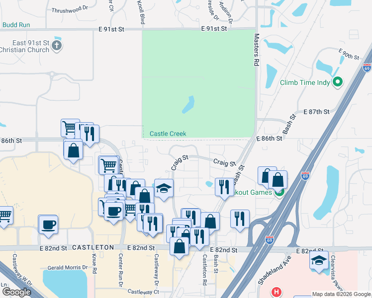 map of restaurants, bars, coffee shops, grocery stores, and more near 6655 Fairway Avenue in Indianapolis