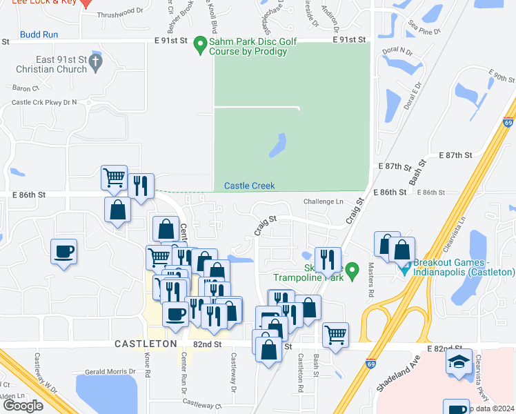 map of restaurants, bars, coffee shops, grocery stores, and more near 6611 Fairway Avenue in Indianapolis