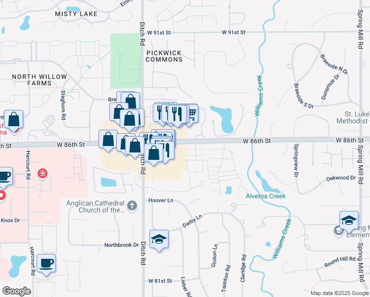 map of restaurants, bars, coffee shops, grocery stores, and more near 1225 West 86th Street in Indianapolis