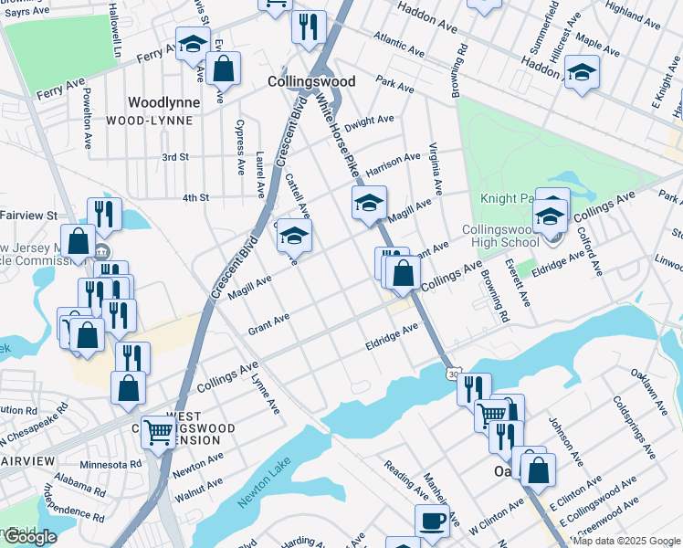 map of restaurants, bars, coffee shops, grocery stores, and more near 423 Cattell Avenue in Oaklyn