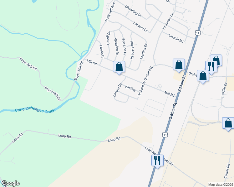 map of restaurants, bars, coffee shops, grocery stores, and more near 252 Merriweather Drive in Chambersburg