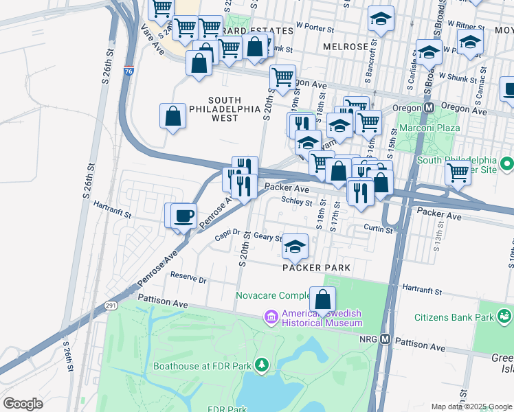 map of restaurants, bars, coffee shops, grocery stores, and more near 3141 South 20th Street in Philadelphia