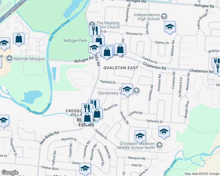 map of restaurants, bars, coffee shops, grocery stores, and more near 5122 Benham Drive in Columbus