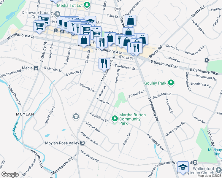 map of restaurants, bars, coffee shops, grocery stores, and more near 401 Emerald Street in Media