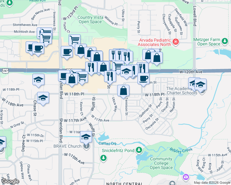 map of restaurants, bars, coffee shops, grocery stores, and more near 11860 Utica Street in Westminster