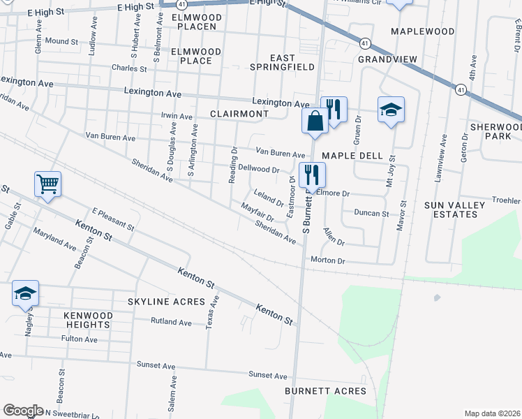 map of restaurants, bars, coffee shops, grocery stores, and more near 2429 Leland Drive in Springfield