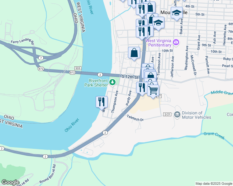 map of restaurants, bars, coffee shops, grocery stores, and more near 1398 Thompson Ave in Moundsville