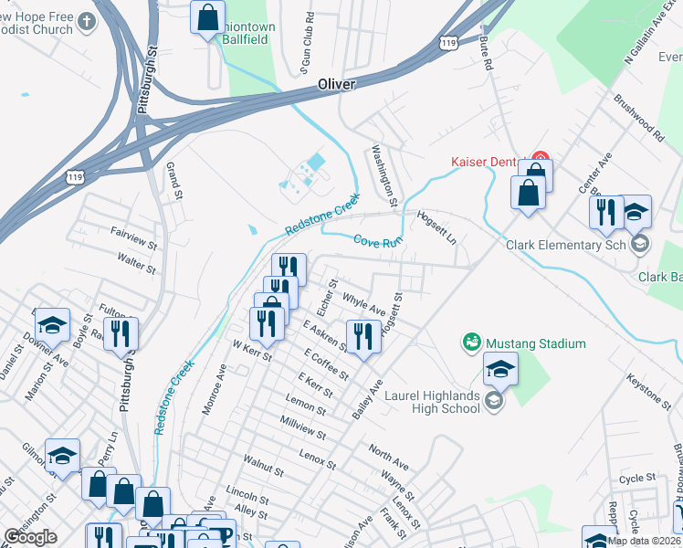 map of restaurants, bars, coffee shops, grocery stores, and more near 3 Faith Dr in Uniontown
