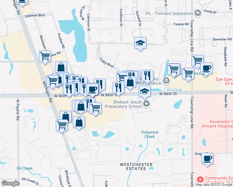 map of restaurants, bars, coffee shops, grocery stores, and more near W 86th St & Colby Blvd in Indianapolis