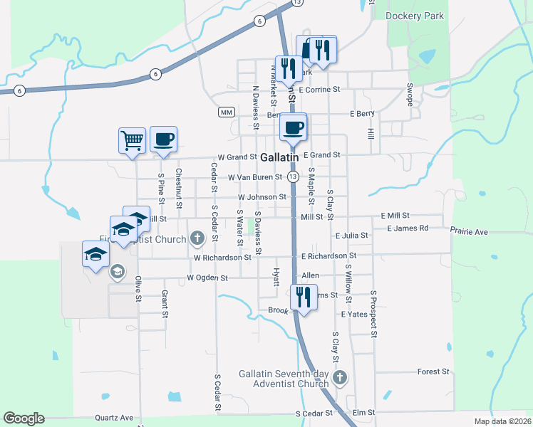 map of restaurants, bars, coffee shops, grocery stores, and more near 205 Mill Street in Gallatin