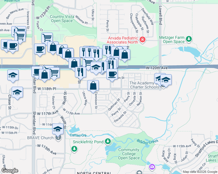 map of restaurants, bars, coffee shops, grocery stores, and more near 11865 Bradburn Boulevard in Westminster