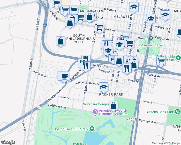 map of restaurants, bars, coffee shops, grocery stores, and more near 3139 S 20th St in Philadelphia