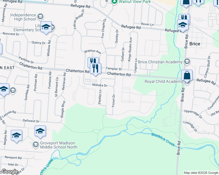 map of restaurants, bars, coffee shops, grocery stores, and more near 5685 Matuka Drive in Columbus