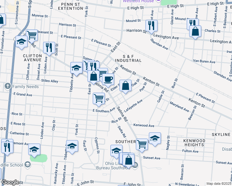 map of restaurants, bars, coffee shops, grocery stores, and more near 943 Oak Street in Springfield
