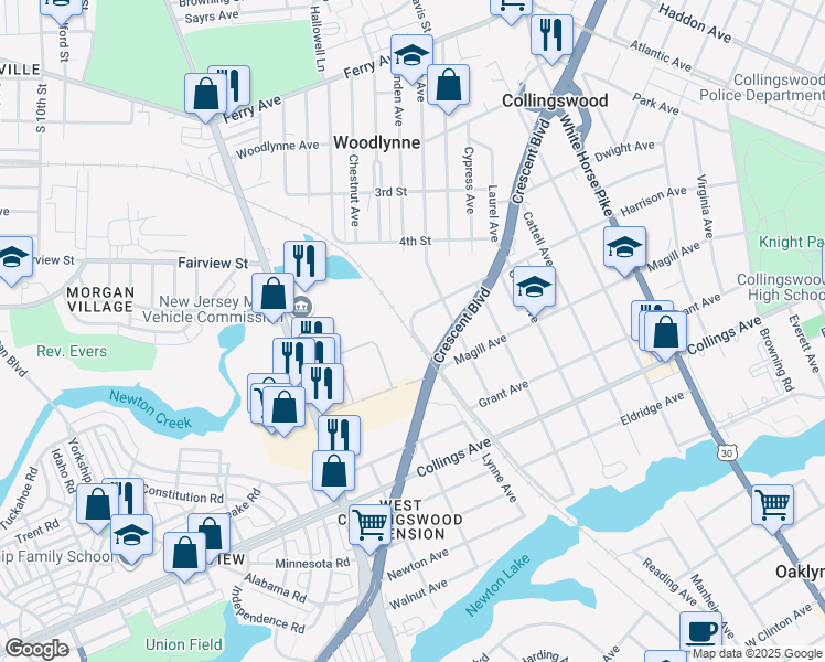 map of restaurants, bars, coffee shops, grocery stores, and more near 300 Champion Avenue in Collingswood