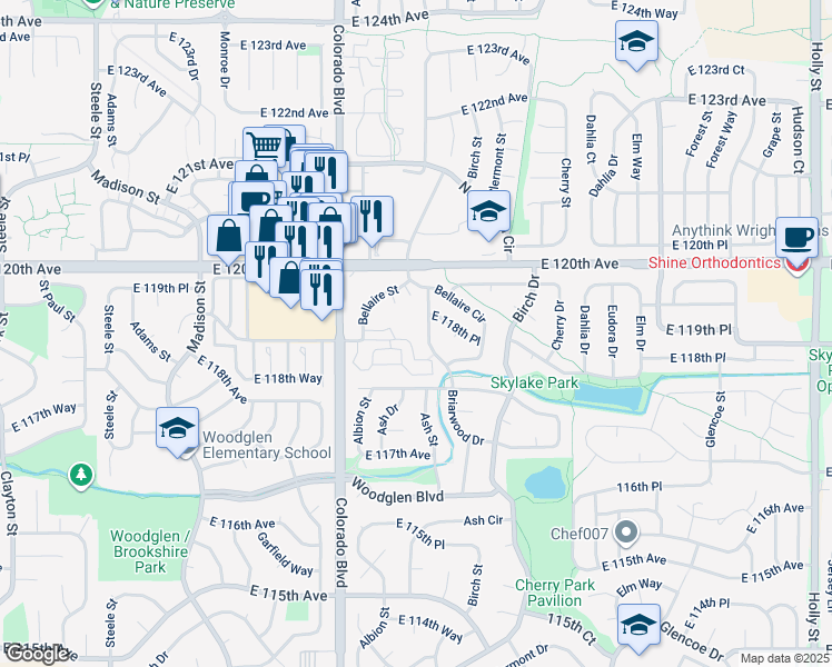 map of restaurants, bars, coffee shops, grocery stores, and more near 4245 East 119th Place in Thornton