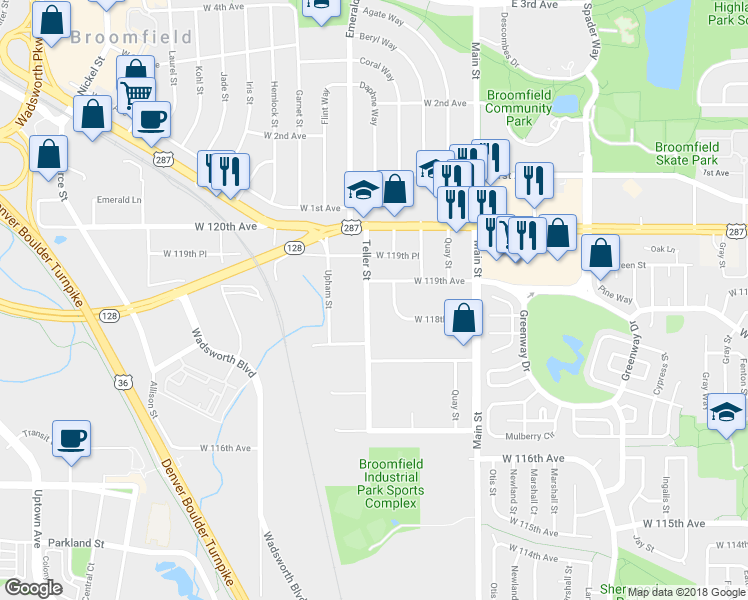 map of restaurants, bars, coffee shops, grocery stores, and more near 11840 Teller Street in Broomfield