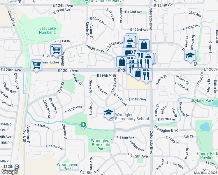 map of restaurants, bars, coffee shops, grocery stores, and more near 3460 119th Street in Thornton