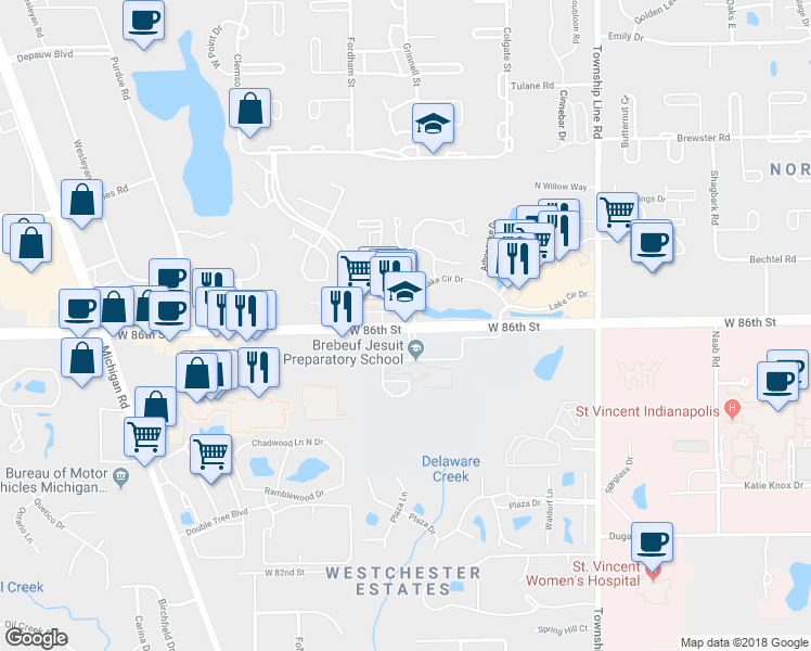 map of restaurants, bars, coffee shops, grocery stores, and more near 2902 86th St W in Indianapolis