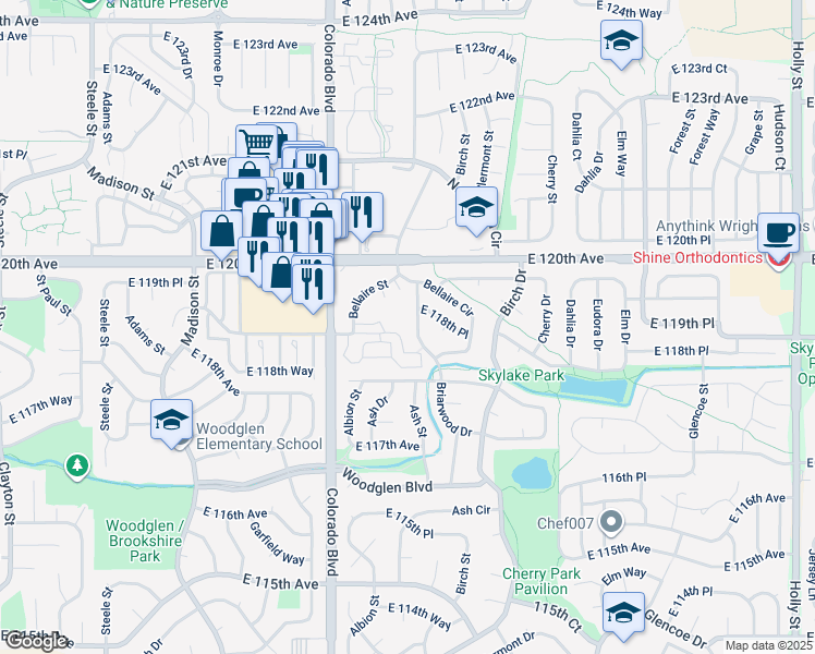 map of restaurants, bars, coffee shops, grocery stores, and more near 4245 East 119th Place in Thornton