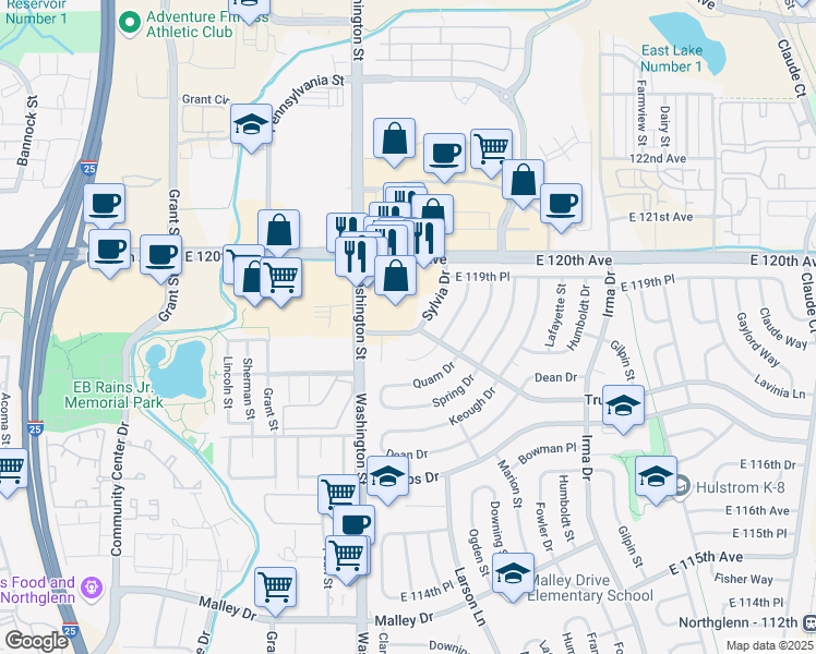 map of restaurants, bars, coffee shops, grocery stores, and more near 11869 Sylvia Drive in Northglenn
