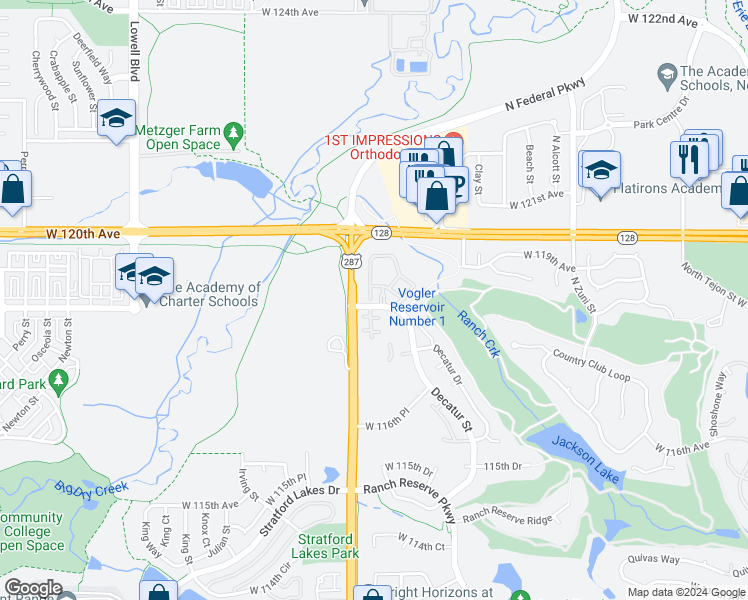 map of restaurants, bars, coffee shops, grocery stores, and more near 2941 West 119th Avenue in Westminster