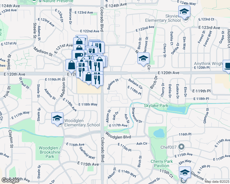map of restaurants, bars, coffee shops, grocery stores, and more near 4115 East 119th Place in Thornton