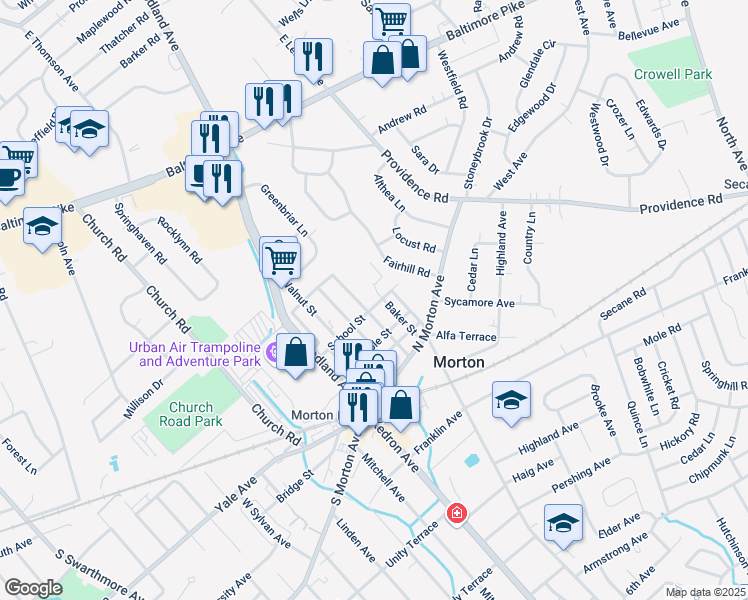 map of restaurants, bars, coffee shops, grocery stores, and more near 310 School Street in Morton