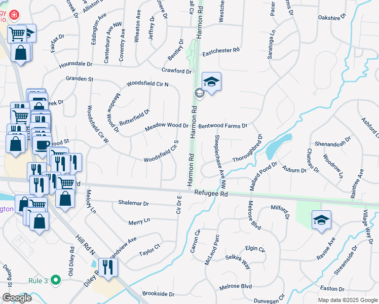 map of restaurants, bars, coffee shops, grocery stores, and more near 12175 Derby Court in Pickerington