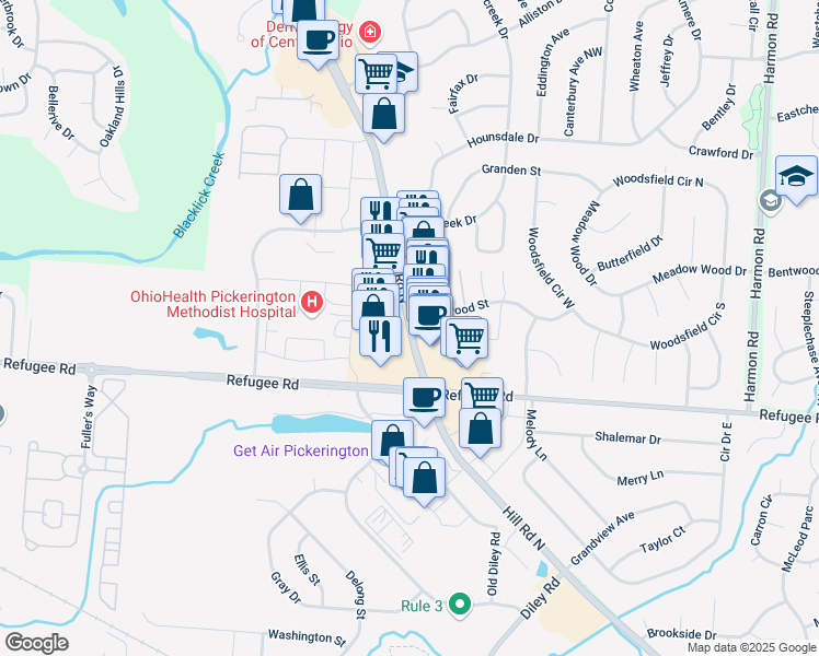 map of restaurants, bars, coffee shops, grocery stores, and more near 1045 Hill Road North in Pickerington
