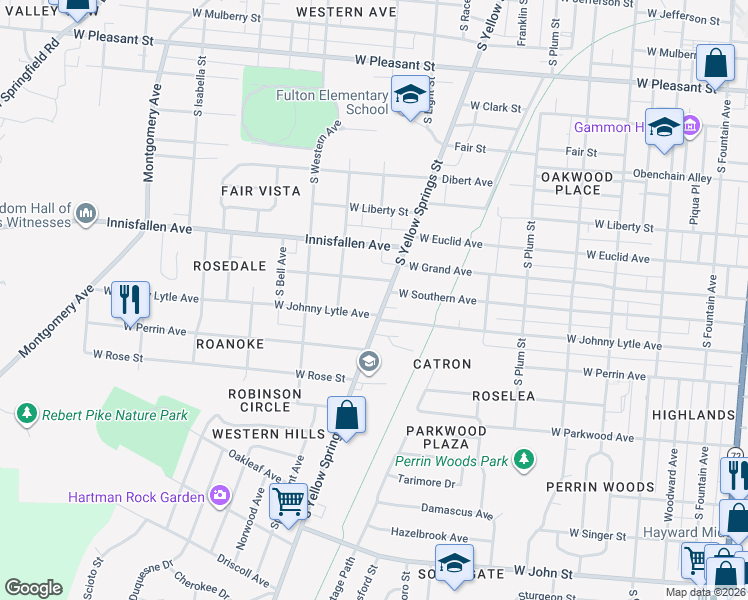 map of restaurants, bars, coffee shops, grocery stores, and more near 1171 South Yellow Springs Street in Springfield