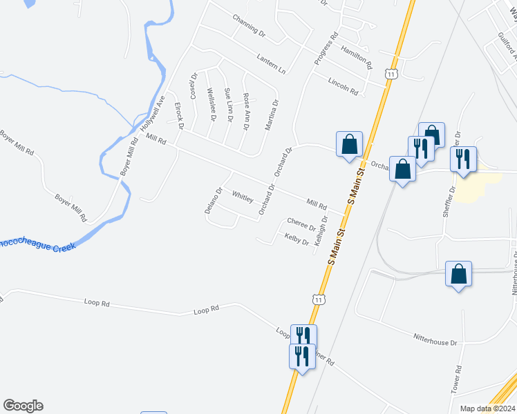 map of restaurants, bars, coffee shops, grocery stores, and more near 203 Whitley in Chambersburg
