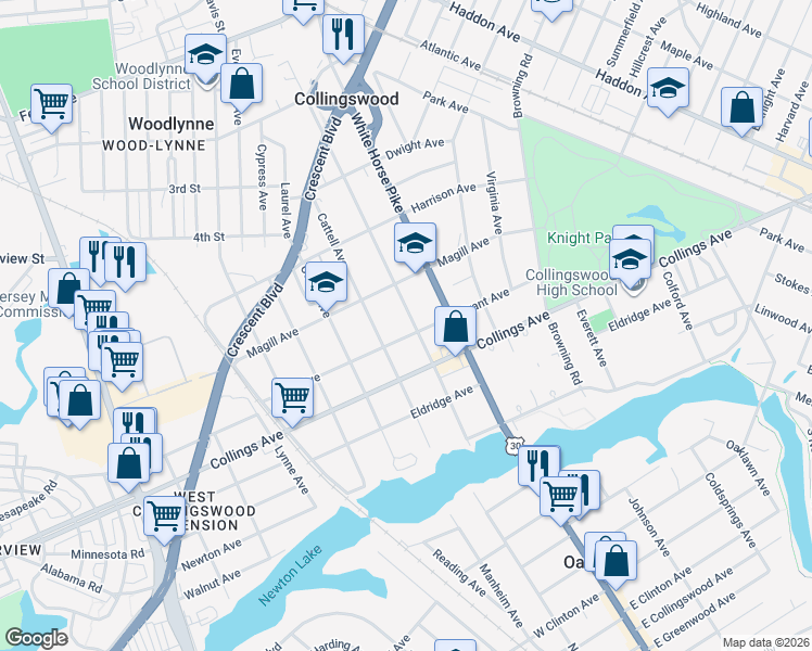 map of restaurants, bars, coffee shops, grocery stores, and more near 423 Cattell Avenue in Oaklyn