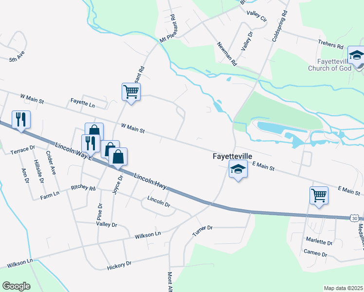 map of restaurants, bars, coffee shops, grocery stores, and more near 86 West Main Street in Fayetteville
