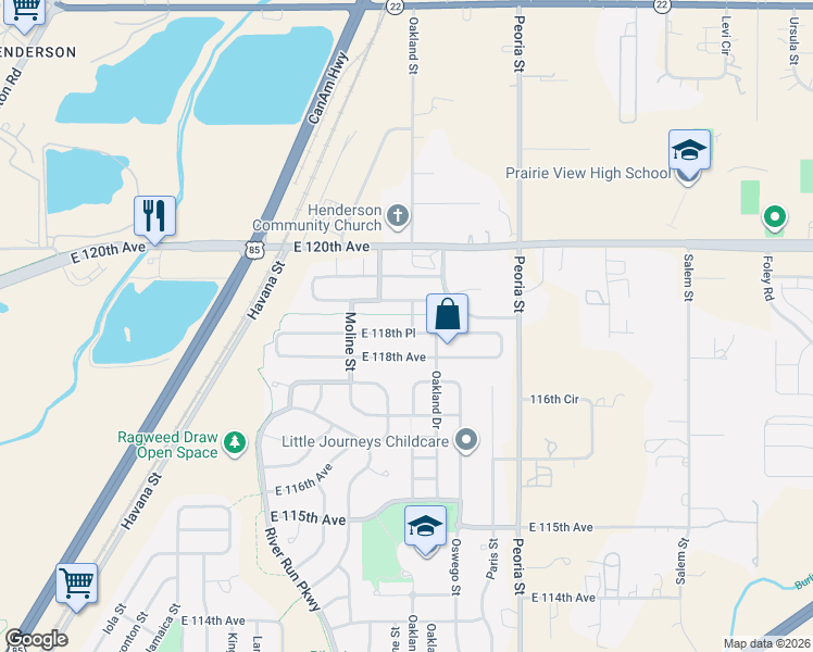 map of restaurants, bars, coffee shops, grocery stores, and more near 11573 East 118th Place in Henderson