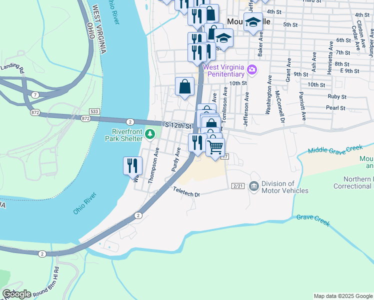map of restaurants, bars, coffee shops, grocery stores, and more near 1305 Lafayette Ave in Moundsville