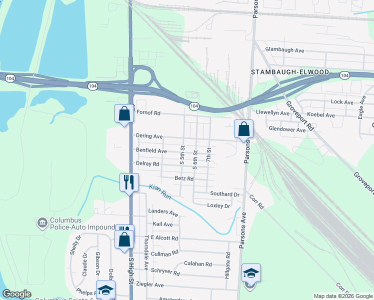 map of restaurants, bars, coffee shops, grocery stores, and more near 176 Benfield Avenue in Columbus