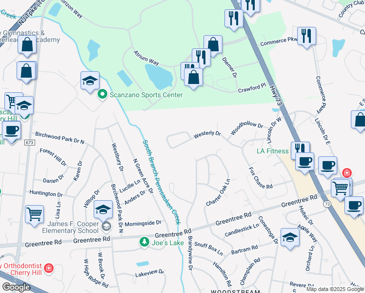 map of restaurants, bars, coffee shops, grocery stores, and more near 906 Westerly Drive in Evesham